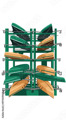 A Creative Display Of Kayaks And Canoes On A Rack Ready For Adventure