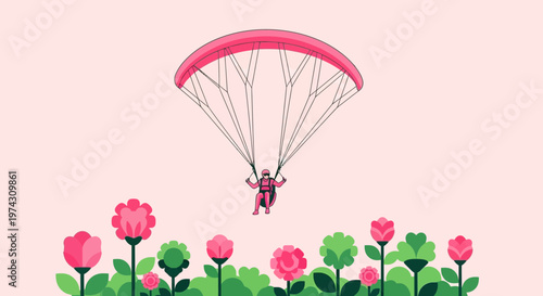 A Pink Paraglider Descends Above a Vibrant Field of Stylized Flowers
