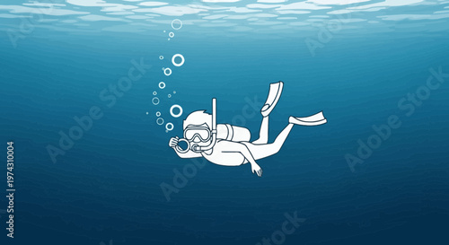A Stylized Diver Ascends Through Deep Blue Waters With Bubbles