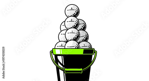 A Tower Of Golf Balls Piled High In A Black Bucket With A Bright Green Rim