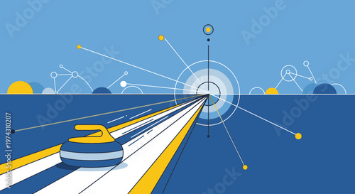 Abstract Curling Stone Gliding Towards Target On Ice Arena