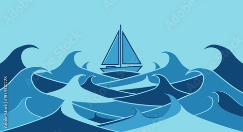 Abstract Sailboat Navigating Turbulent Ocean Waves
