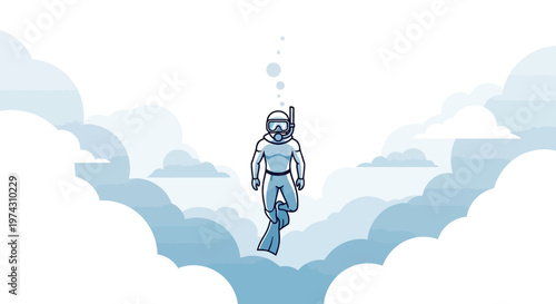 Abstract Diver Ascending Through Ethereal Clouds And Blue Sky