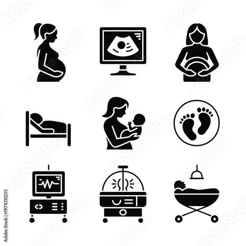 A set of black and white icons depicting pregnancy and parenthood