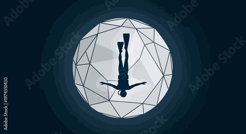 Abstract Geometric Portal And Diver Silhouette In Deep Blue Abyss