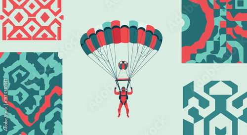 Abstract Geometric Patterns Adorn Skydiver Descending With Vibrant Parachute