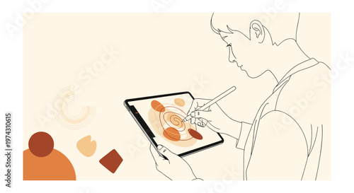 Man drawing on digital tablet with stylus in minimalist modern workspace for graphic design