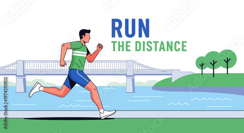 Active Man Running Towards a Bridge Scenic Waterfront Activity