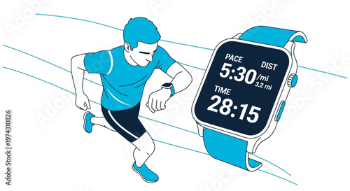 Active Man Running Tracking Performance On Smartwatch