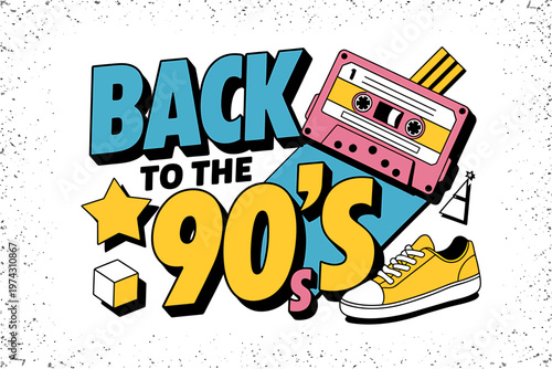 Retro 90s graphic design with cassette tape sneaker star and cubic shapes evoking nostalgia for the decade