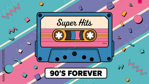 Retro 90s super hits cassette tape with abstract geometric shapes and bold colors celebrating the era