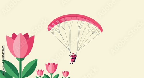 Abstract Paraglider Soaring Among Vibrant Spring Tulips