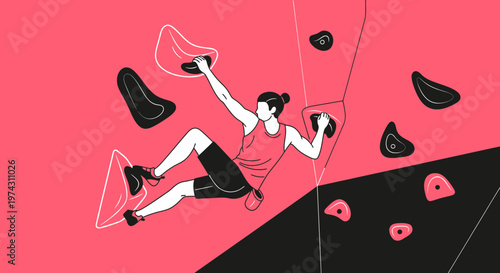 Abstract Person Ascending Climbing Wall With Bold Geometric Holds Engaging Sport