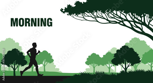 Active Morning Silhouette Jogging Through Lush Green Forest Scenery Vibrant Dawn