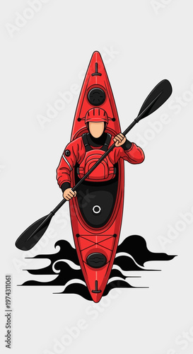 Active Paddler Navigates River In Vibrant Red Kayak