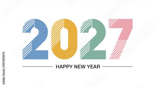 Colorful 2027 Happy New Year text graphic with striped accents celebrating upcoming celebrations