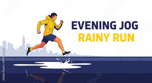 Active City Runner Navigates Puddles During Evening Rainy Jogging Session