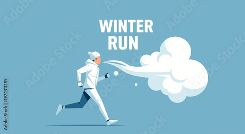 Active Person Running In Winter Snow Breath Cloud Scene