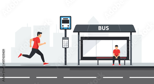 Active Runner Passes Bus Stop With Seated Passenger