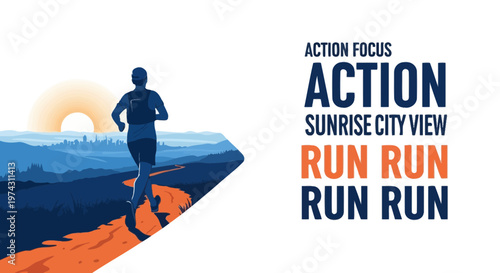 Active Runner On Trail At Sunrise Overlooking Cityscape