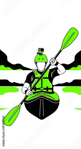 Active Kayaker Navigating Calm Waters With Action Camera Mounted