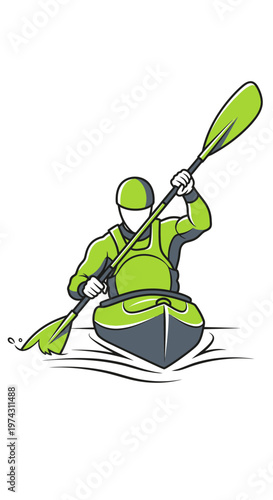Active Kayaker Paddling Through Rippling Water in Bright Green Gear Outdoor Adventure Sport