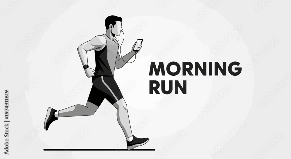 Fototapeta premium Active Man Engaged In A Morning Jog With Music And Smartwatch