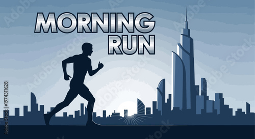 Active Silhouette Runner Amidst a Futuristic Cityscape Sunrise