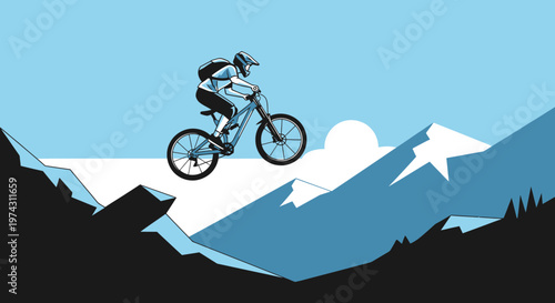 Adventure Cyclist Soaring Over Mountain Peaks In Dynamic Illustration