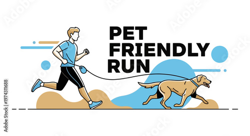 Active Man And Dog Jogging Together On A Leash In A Clean Minimalist Design
