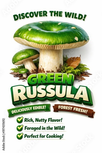 Green Russula mushroom with informative text
