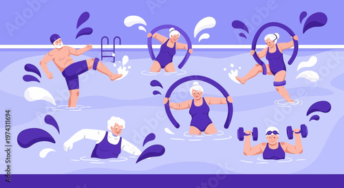 Active Seniors Enjoying Water Aerobics Fitness Fun In The Pool