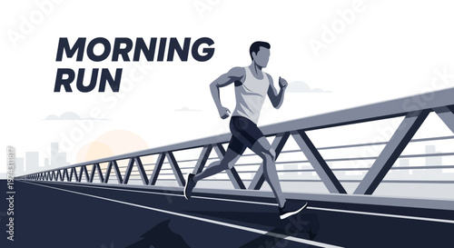 Active Man Jogging On City Bridge At Sunrise