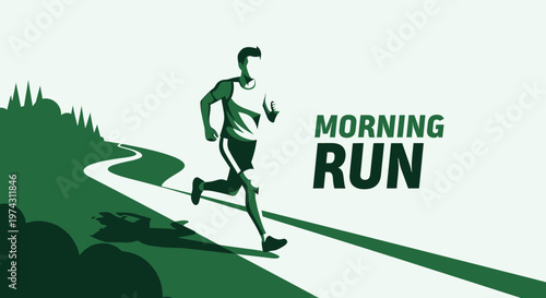 Active Man Jogging On Winding Path Through Green Forest At Sunrise