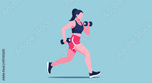 Active Woman Performing Dumbbell Workout While Jogging Fitness