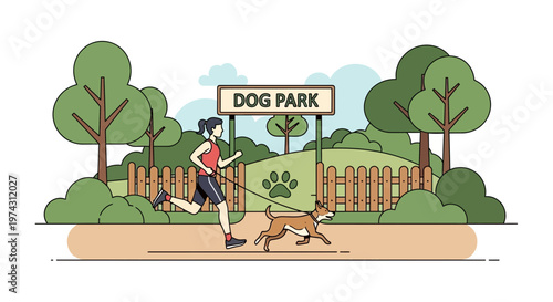 Active Woman Running With Dog In Green Dog Park Scene