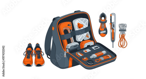 Adventure Ready Gear And Athletic Equipment Organized Within A Backpack