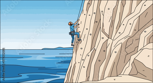 Adventure Seeker Ascends Rocky Cliff Overlooking Vast Blue Ocean Waters