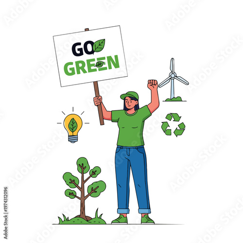 Woman holding go green sign protesting.