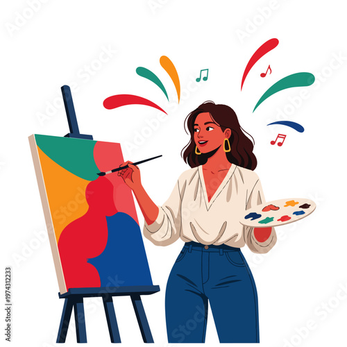 Woman painting on an easel while singing