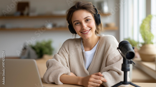Young female content creator sitting in a bright home office wearing headphones and speaking into a professional USB microphone, laptop and tablet on the desk, podcast recording, digital media