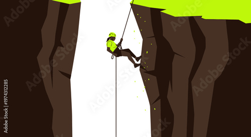 Adventurer Descends Cliff Face Using Rope Safety Gear