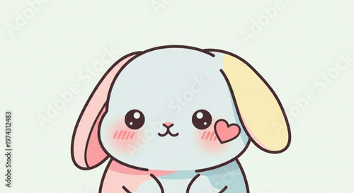 Cute pastel bunny with heart blush cheeks and floppy ears on white background kawaii style