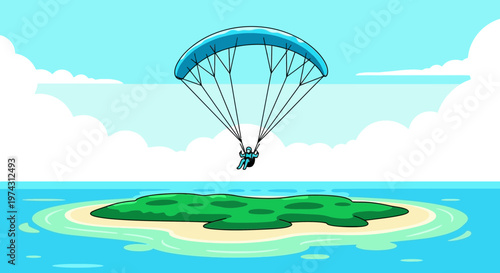 Adventuresome Paraglider Descends Towards Serene Tropical Island Paradise