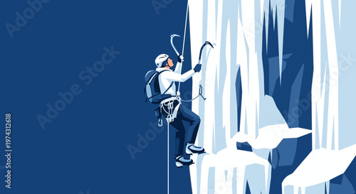 Adventurous Climber Ascending a Frozen Vertical Ice Wall