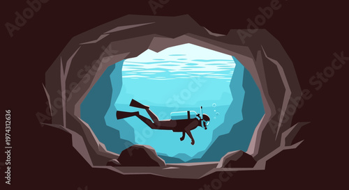 Adventurous Diver Exploring Subterranean Underwater Cave System