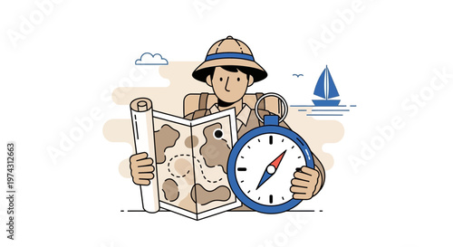 Adventurous Explorer With Map And Compass Ready For Expedition