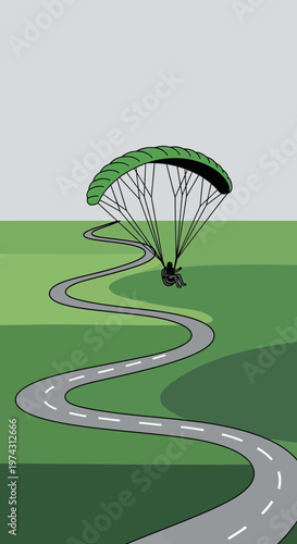 Adventurous Flight Over a Winding Road in a Verdant Landscape