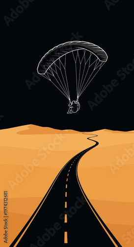 Adventure Awaits A Lone Paraglider Soars Above A Desert Highway