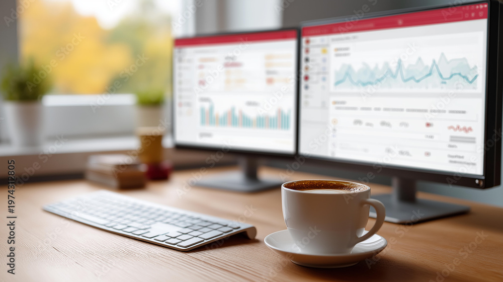 Obraz premium Faceless close-up of a bright analytics dashboard displayed across dual monitors showing engagement graphs, follower growth charts, and video performance metrics, defocused keyboard and coffee